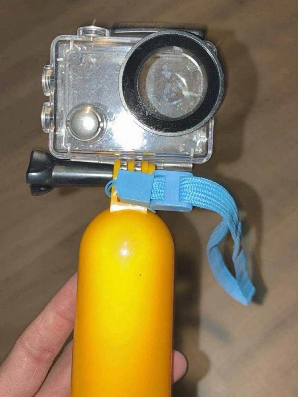 Compact Yellow Floating Hand Grip for Action Cameras with Blue Strap